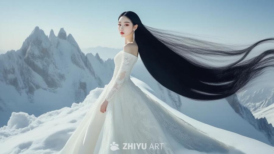 一位年轻女子身穿白色婚纱和白色鞋子，站在雪山上。她