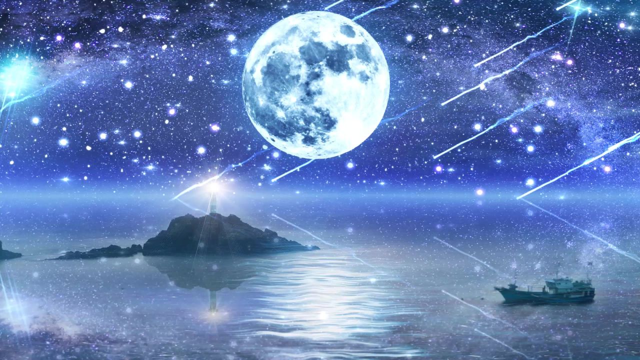 唯美大海上升月亮白月光蓝色夜空圆月明月大屏幕舞台LED视频  111
