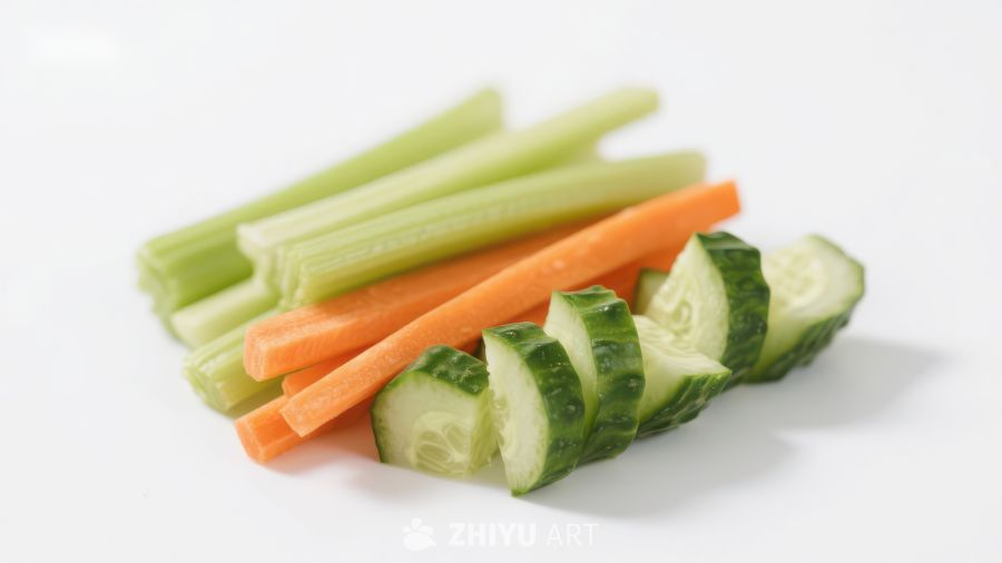 新鲜蔬菜切片：芹菜、胡萝卜和黄瓜