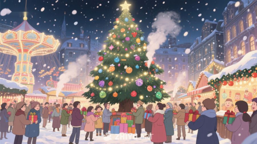 雪夜中的圣诞树与集市 459