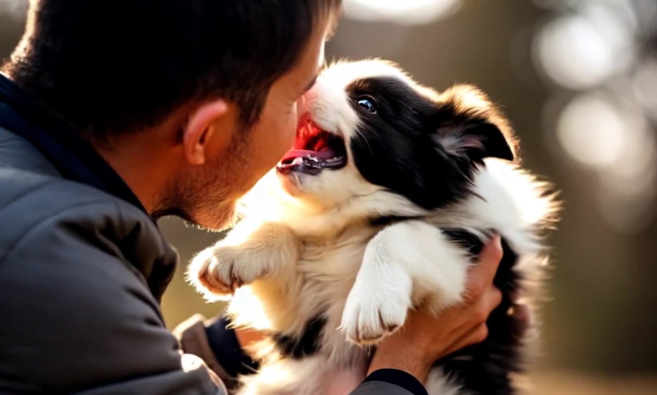 男人与边境牧羊犬幼犬的温馨瞬间
