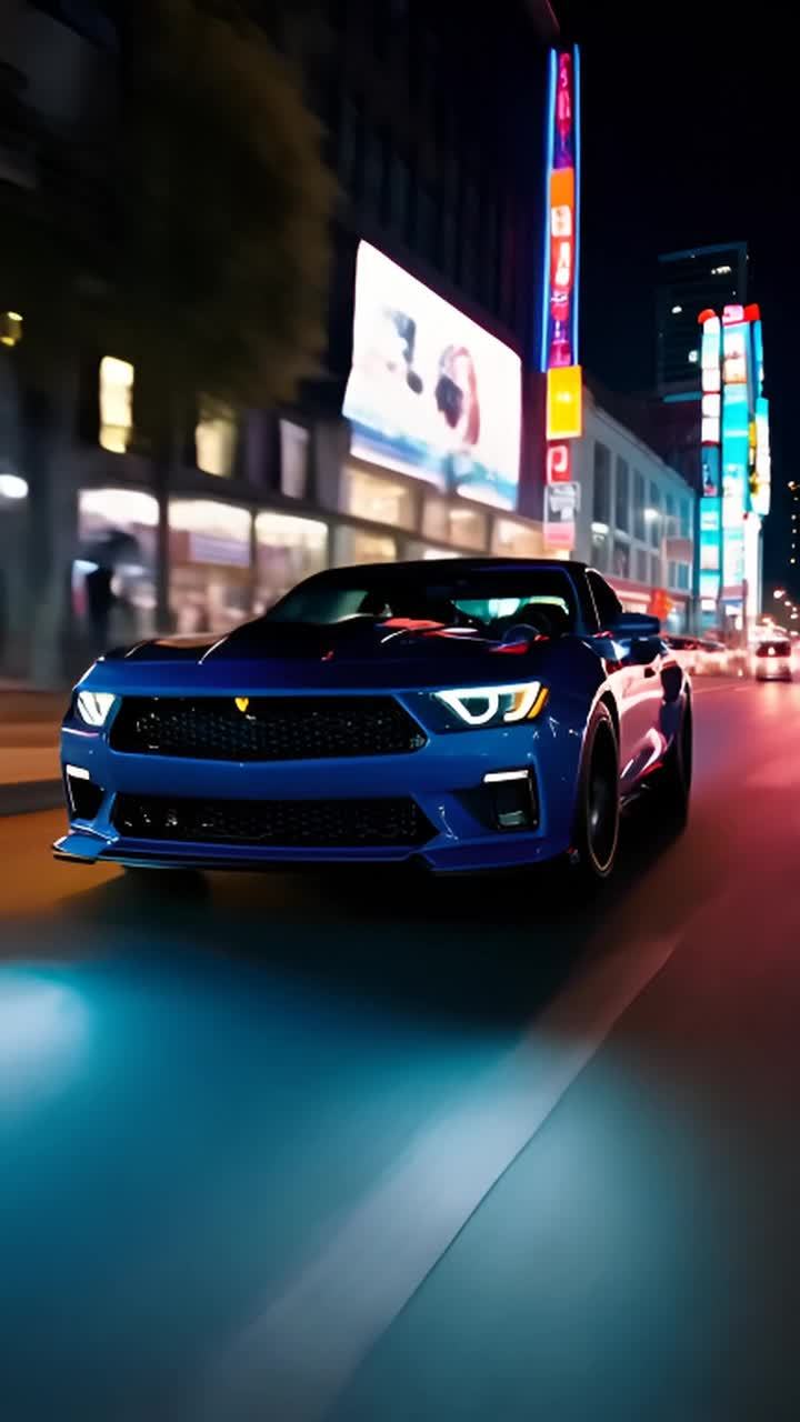 一辆蓝色汽车行驶在夜晚的城市街道上，车灯照亮前方的