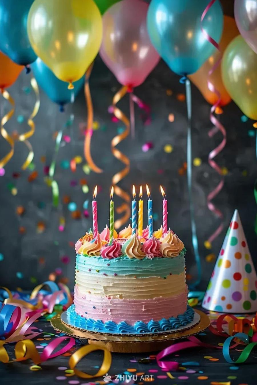一个充满活力的节日生日场景，装饰着丰富的彩色彩带和