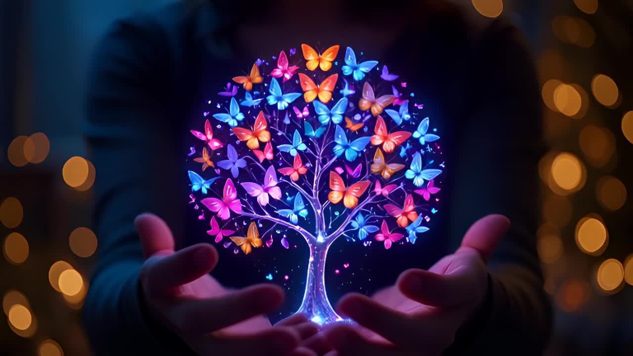 一双手轻轻地旋转着一个发光的组合，这个组合由排列在