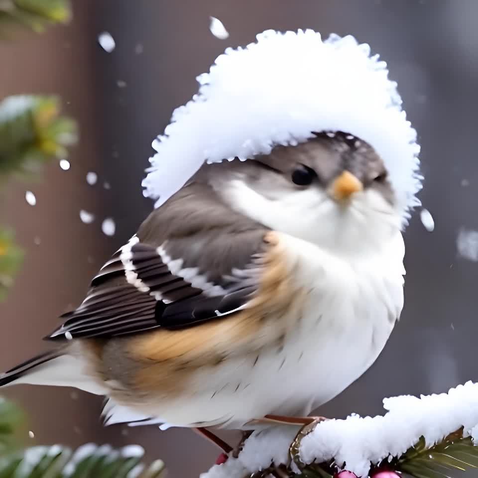 一只鸟站在积雪覆盖的树枝上，它的头上覆盖着蓬松的雪