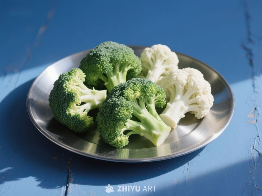 新鲜西兰花与花椰菜置于银盘 734