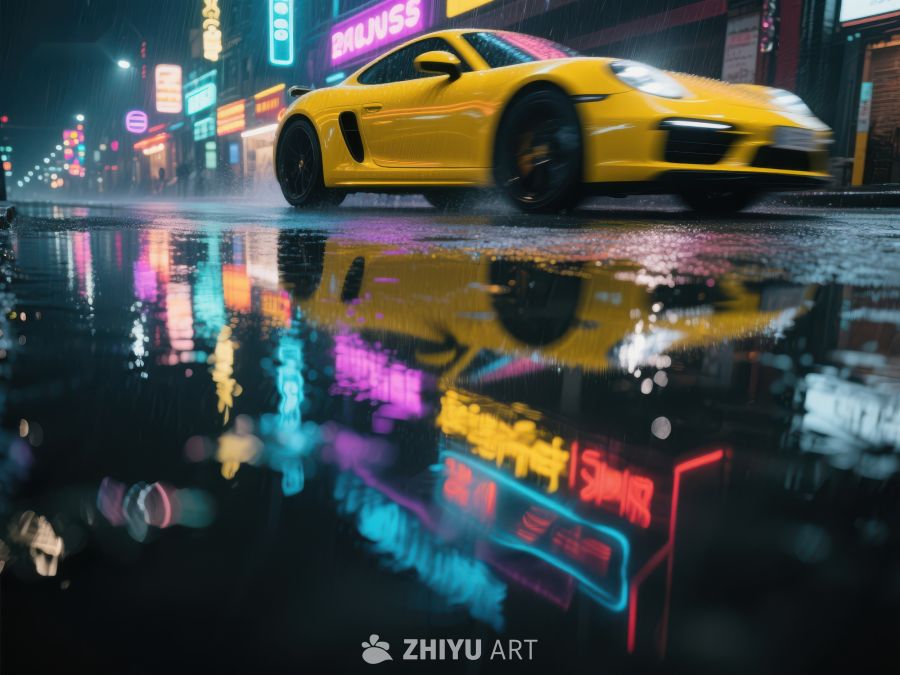 雨夜霓虹映照下的黄色跑车 549