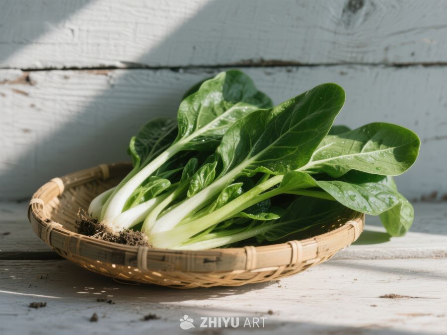 新鲜青菜置于竹篮中 278