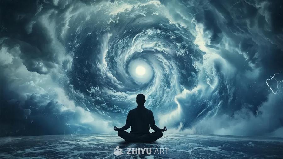 一个人以莲花坐姿冥想，背后是旋转的风暴云，风暴云中
