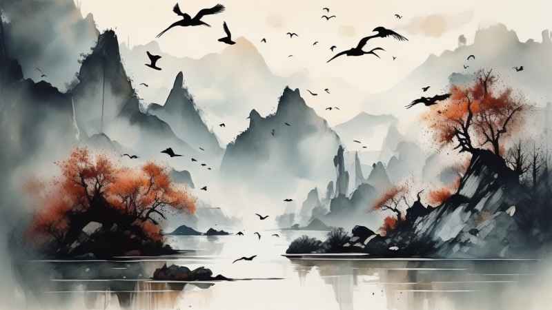 国风山水鹤插画背景 38