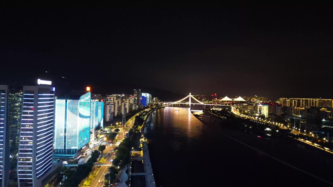 航拍福建福州金融街高楼夜景