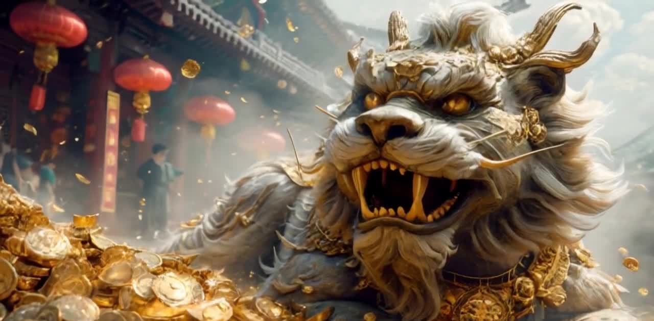 金币堆前的白色貔貅与中国风建筑