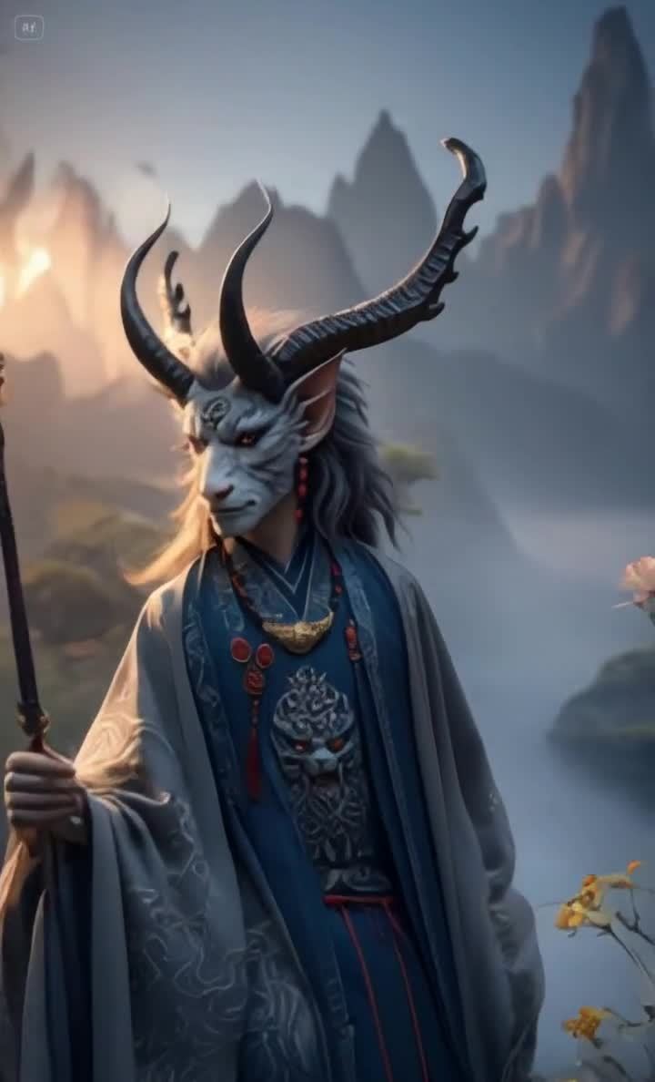 戴面具的恶魔长袍，山水背景下的东方风格艺术