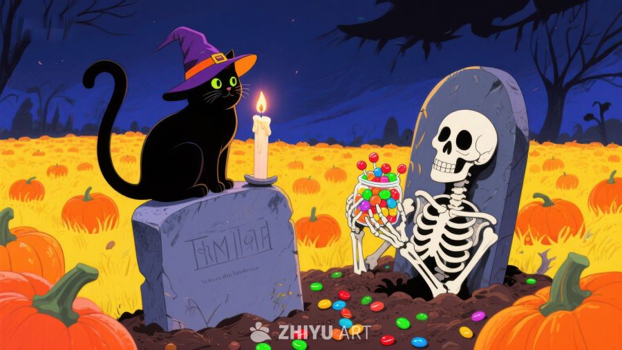 万圣夜墓地里的黑猫与骷髅