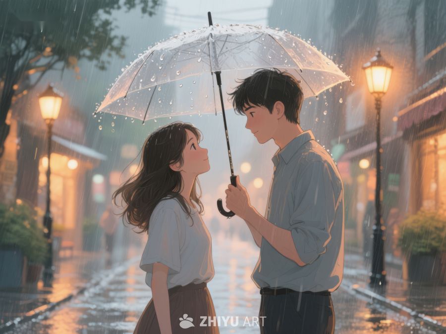 雨中伞下，两人相视而立 1099