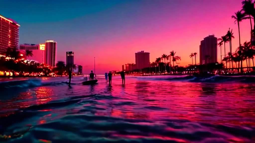 在海滩上，四个人站在水中，其中两人站在冲浪板上。背