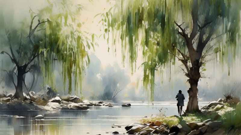 河边柳树插画风景图 2