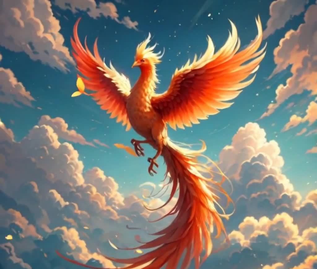 一只橙色凤凰在高空中展翅，它有着金黄色的羽毛，鲜艳