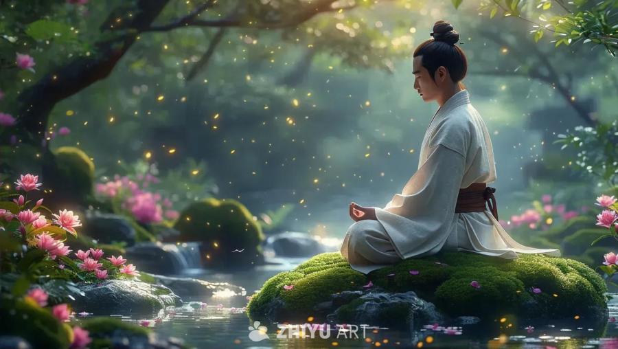 一位身着传统服饰的禅宗武术大师，坐在一片宁静而充满