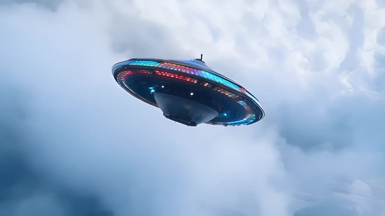 一个大型的、独特的UFO正在多云的天空中下降，它穿