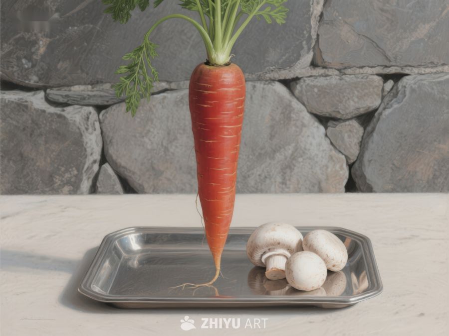 胡萝卜与蘑菇置于金属托盘 37