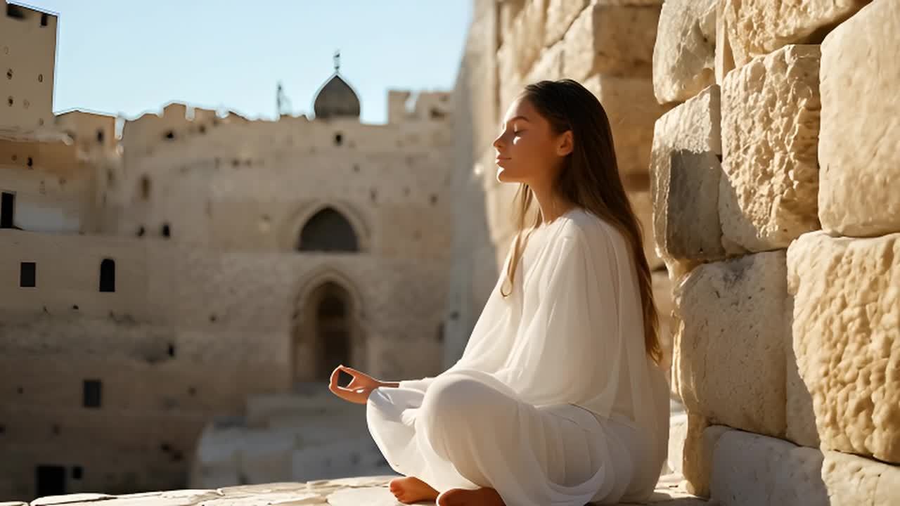 一位身穿白色长袍的女子闭着眼睛坐在古老的石墙边冥想