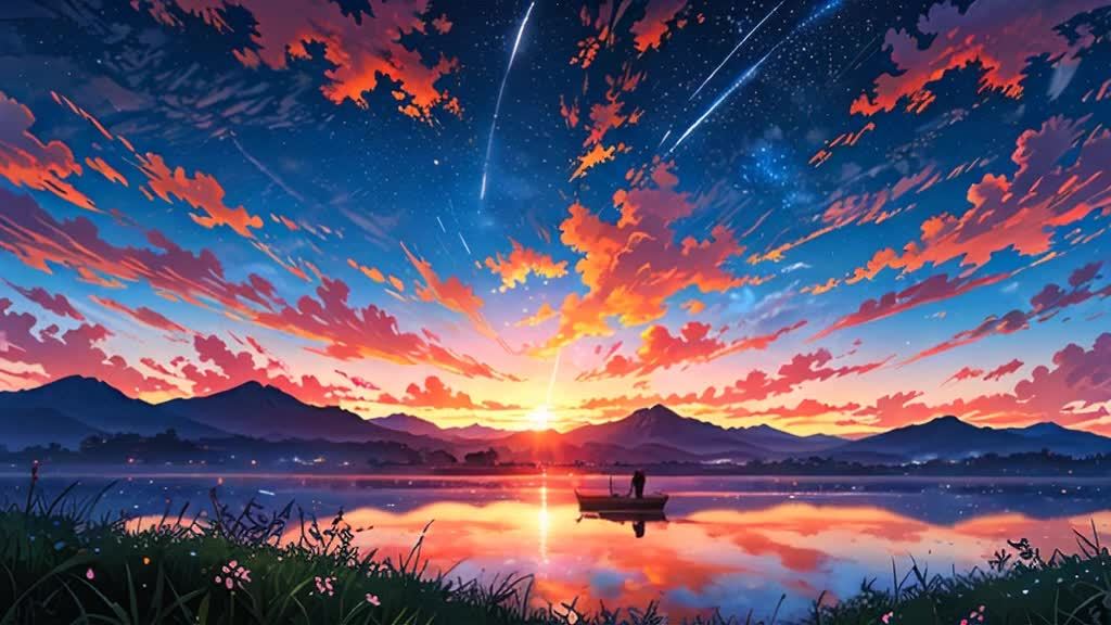 深蓝色的天空布满繁星，有流星划过。天空中有橙红色条