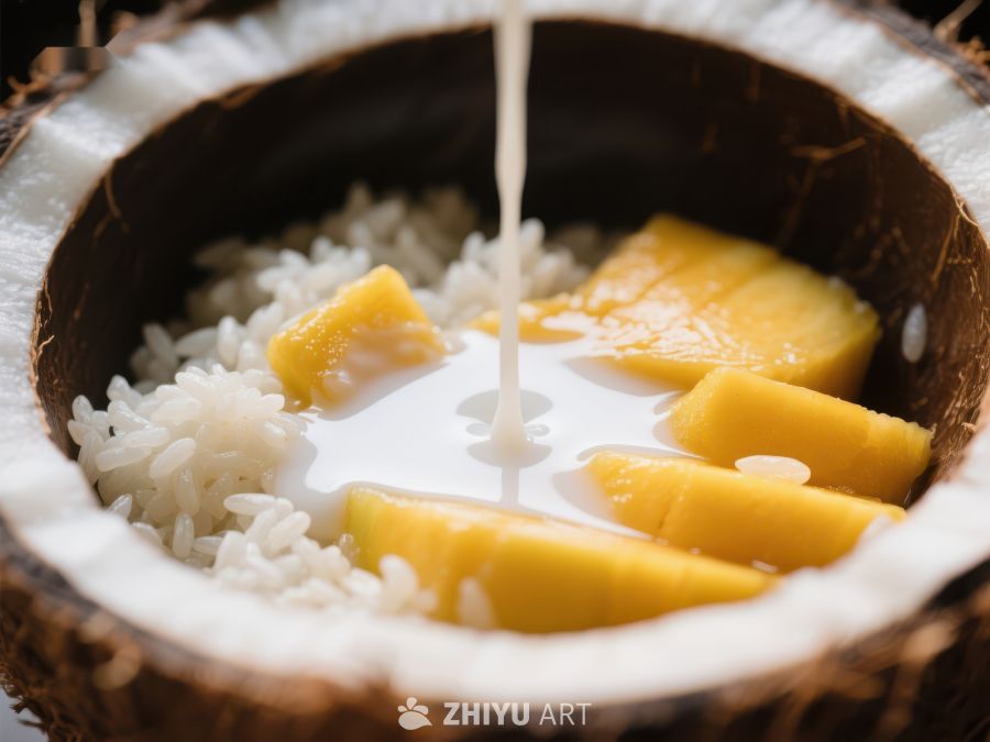 椰壳中的芒果糯米饭