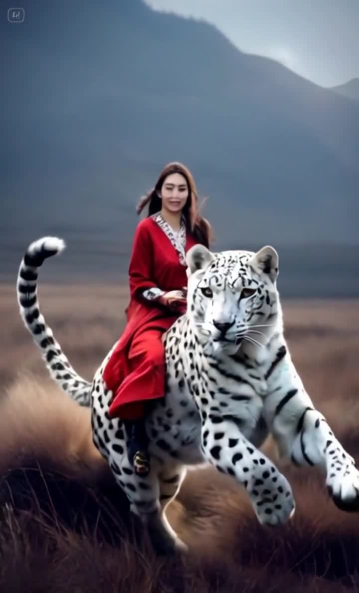 红衣女子骑雪豹驰骋于草原之上