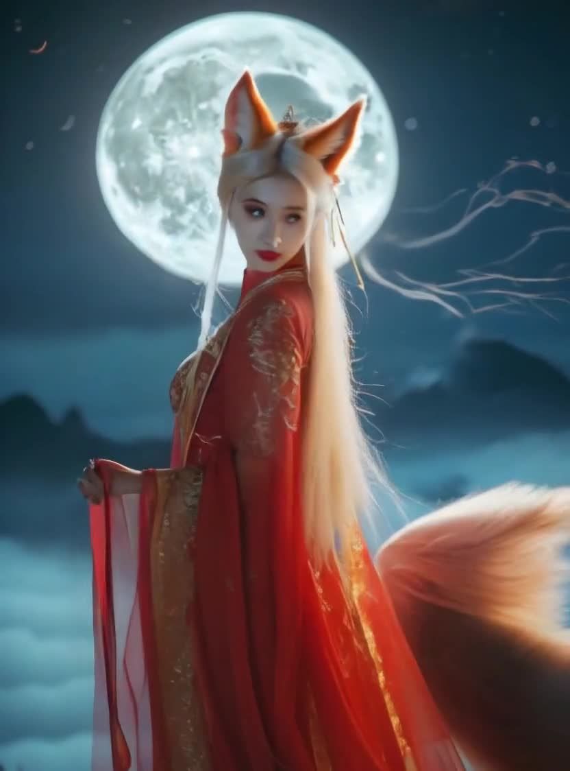 红衣狐耳古装女子与月，国风唯美意境图