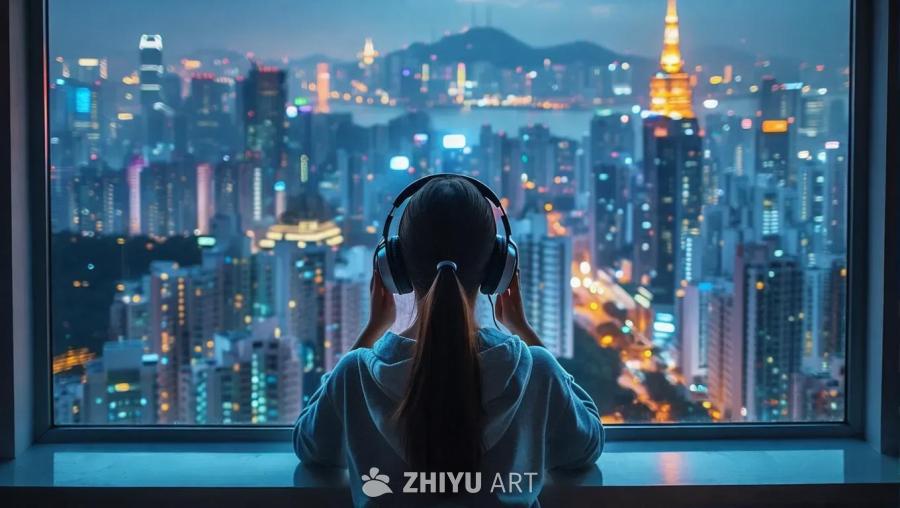 一个女孩戴着耳机，坐在窗边。透过窗户可以看到城市的