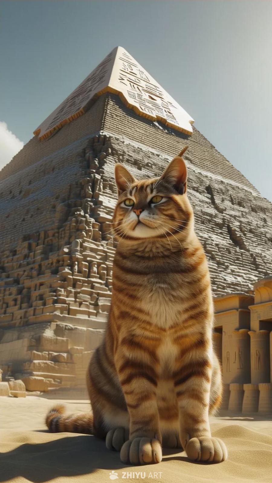 一只巨大的猫坐在埃及金字塔前，它有着棕黄色的条纹，