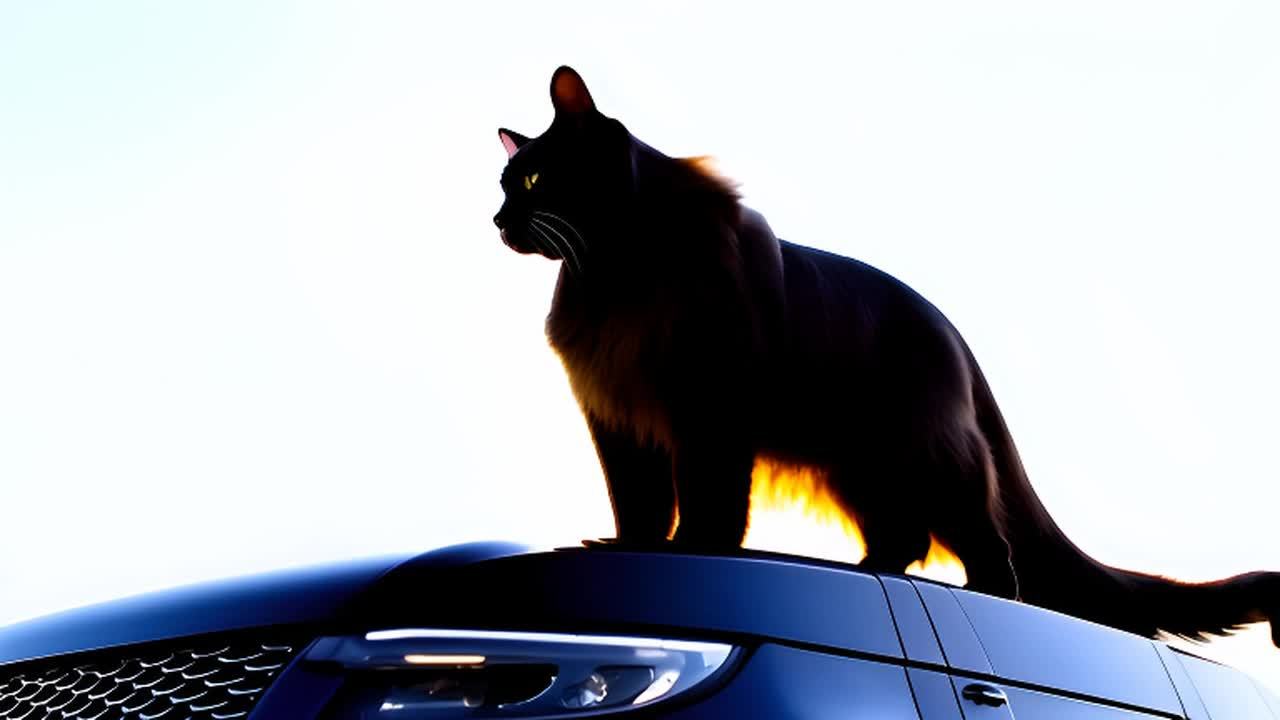 一只毛发蓬松的大黑猫站在一辆路虎揽胜车顶上。阳光照