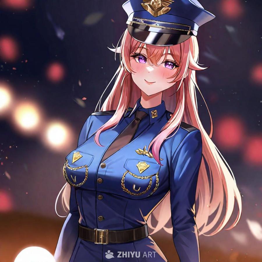 一位有着粉色长发和紫色眼睛的女性，身穿一件蓝色警服