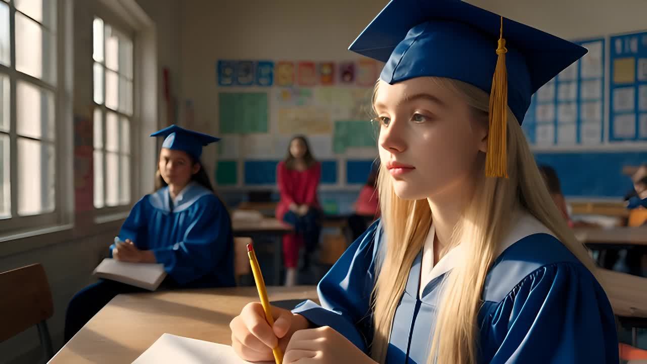 一个穿着蓝色学士服和学士帽的学生坐在桌子旁，正在笔