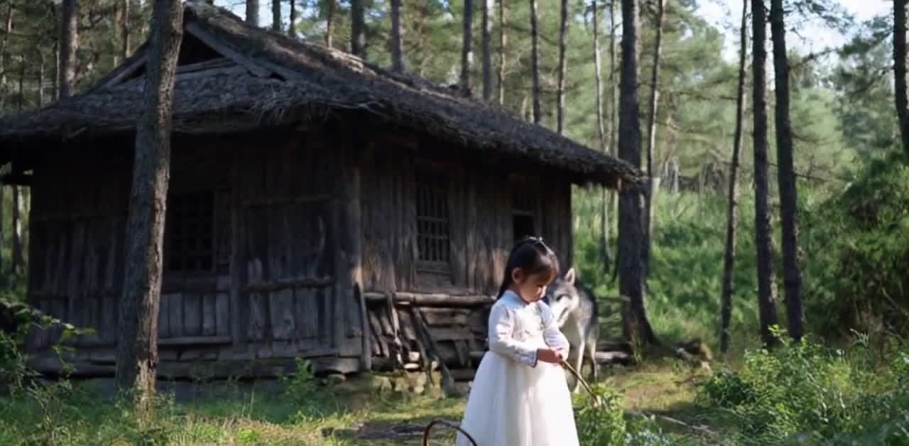 森林小屋与女孩，狼的相遇，童话场景。