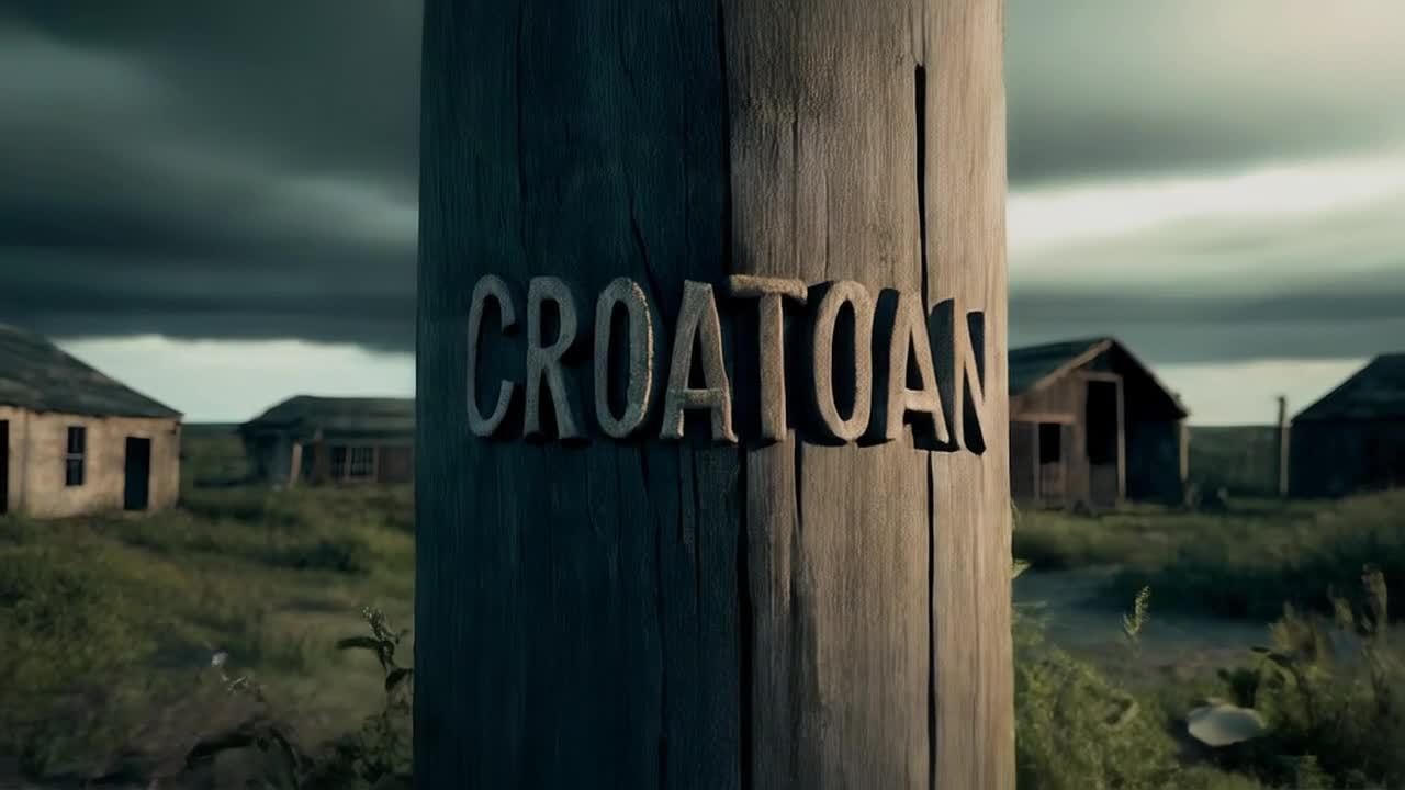 画面中央是一个风化的木柱，上面刻着“CROATOA