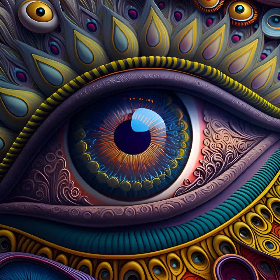 一个大眼睛占据画面中心，虹膜呈现蓝色和橙色，瞳孔为