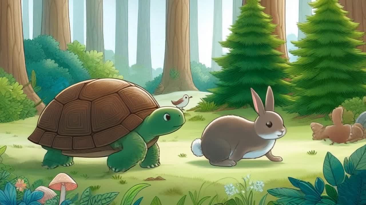 森林里，一只乌龟和一只兔子并排走着，乌龟朝着观众移