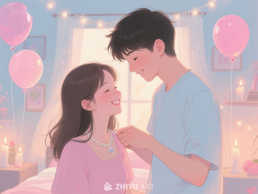 温馨时刻：男孩为女孩佩戴项链 750
