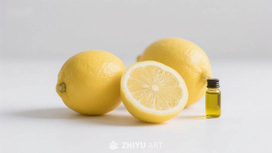 柠檬与精油瓶的静物组合
