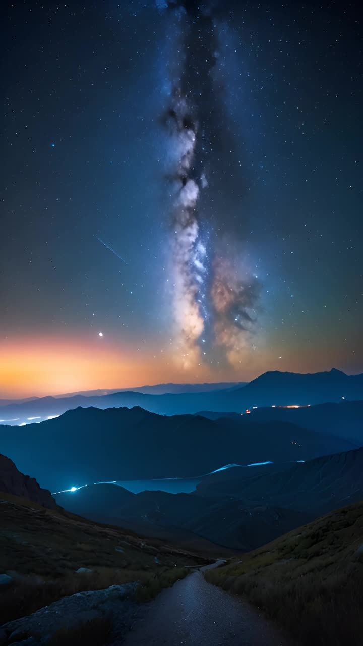 夜空中银河缓缓移动。相机从左至右平稳移动，捕捉星星