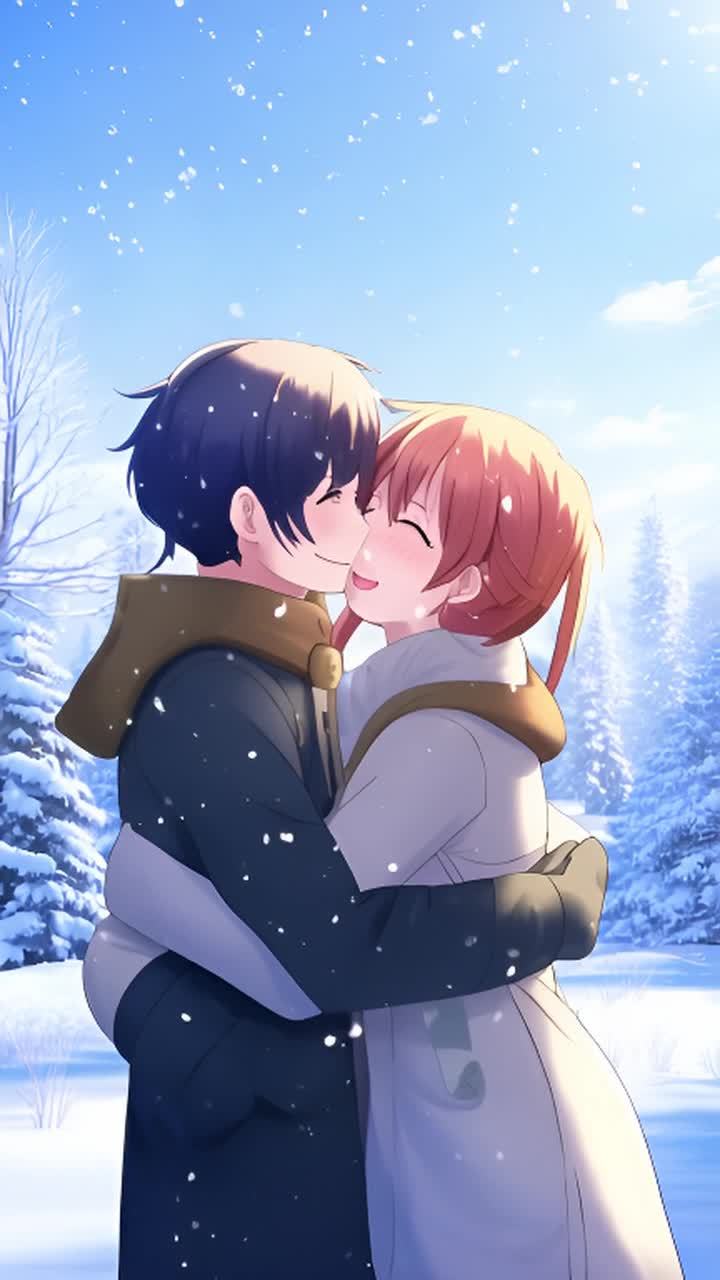雪景中，两个动漫人物紧紧拥抱在一起。雪花轻轻地落在