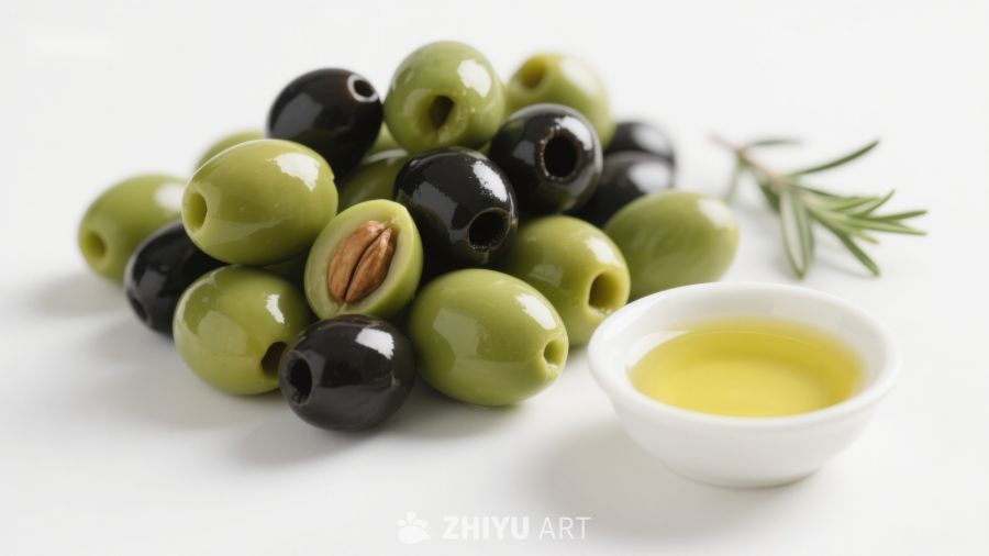 绿黑橄榄与橄榄油的静物组合