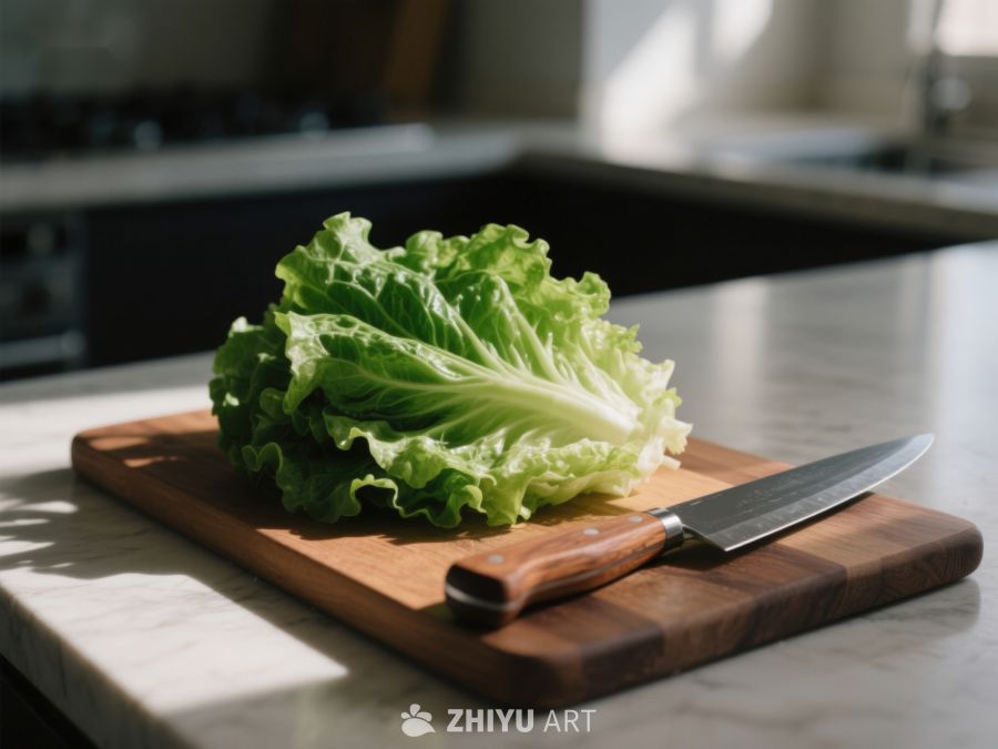 生菜置于砧板上，配以刀具 366