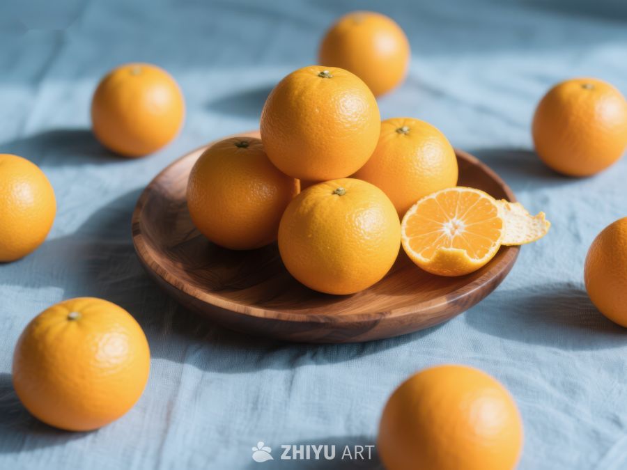 新鲜橙子摆盘，背景蓝色布料 637