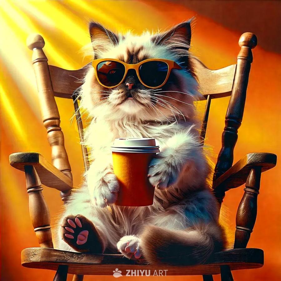 一只穿着太阳镜的可爱布偶猫坐在摇椅上，一只爪子拿着