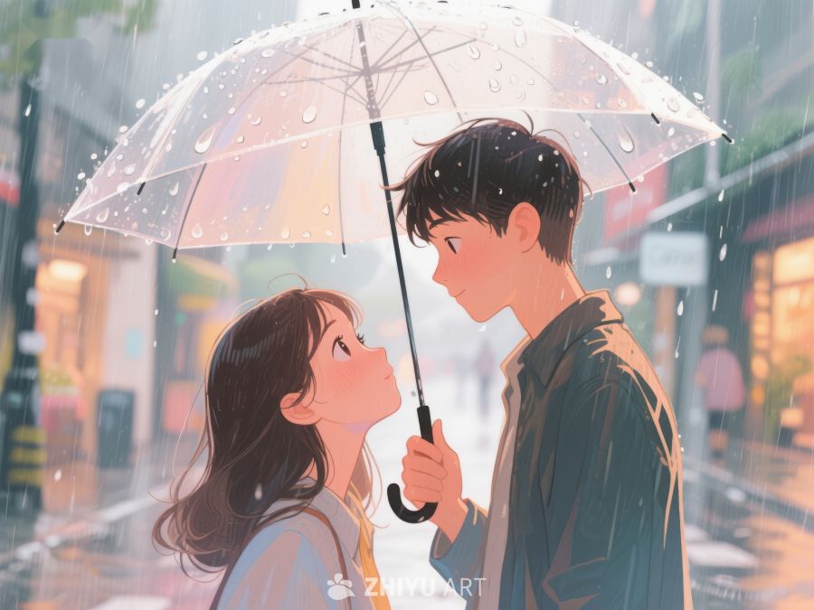雨中情侣共撑伞温馨瞬间 1089