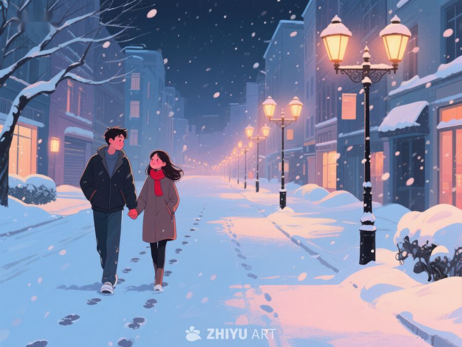 冬夜漫步：情侣雪中并肩行 132