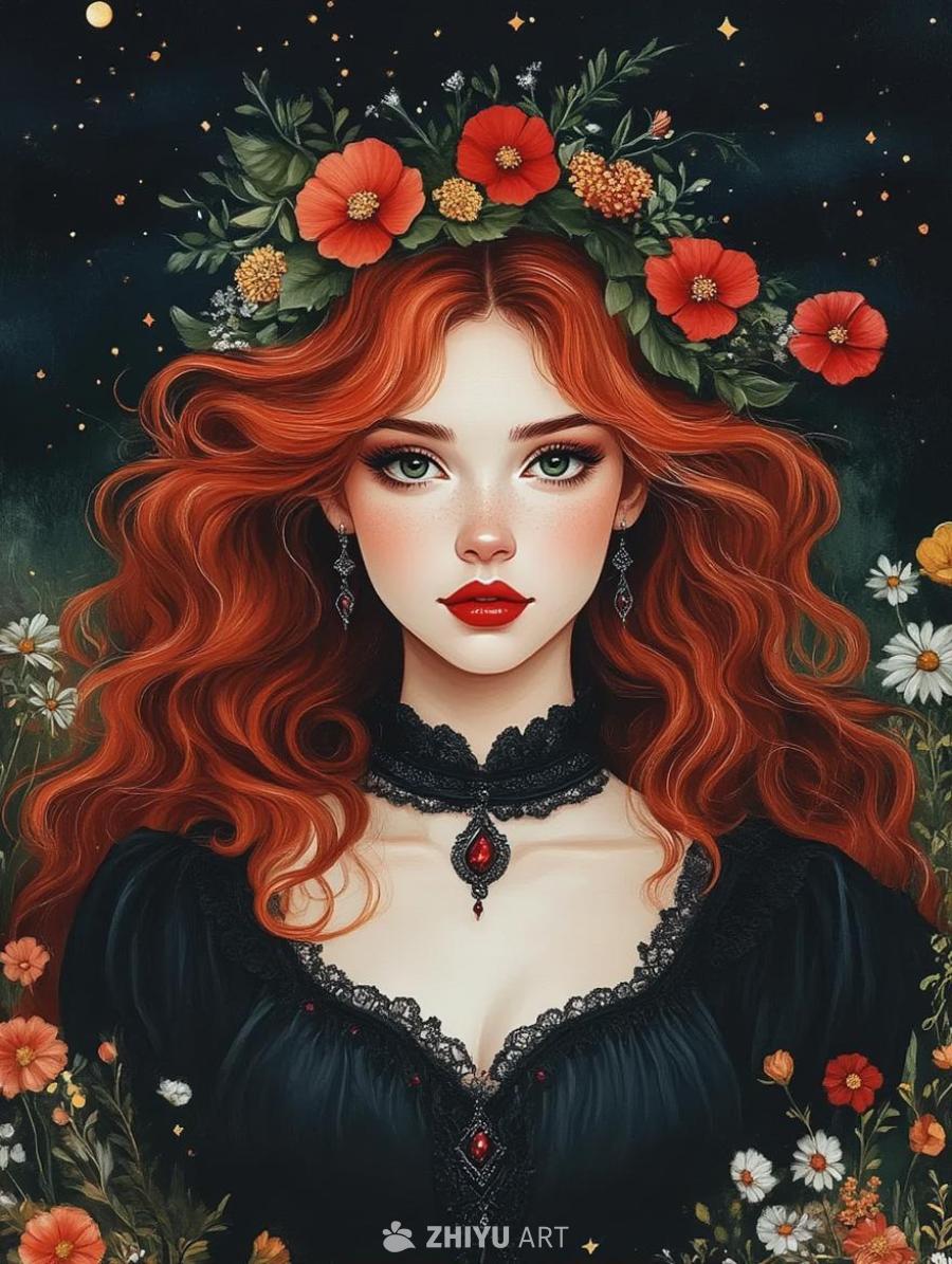一个红发卷发的女孩，身穿黑色衣服。她戴着花环，脖子